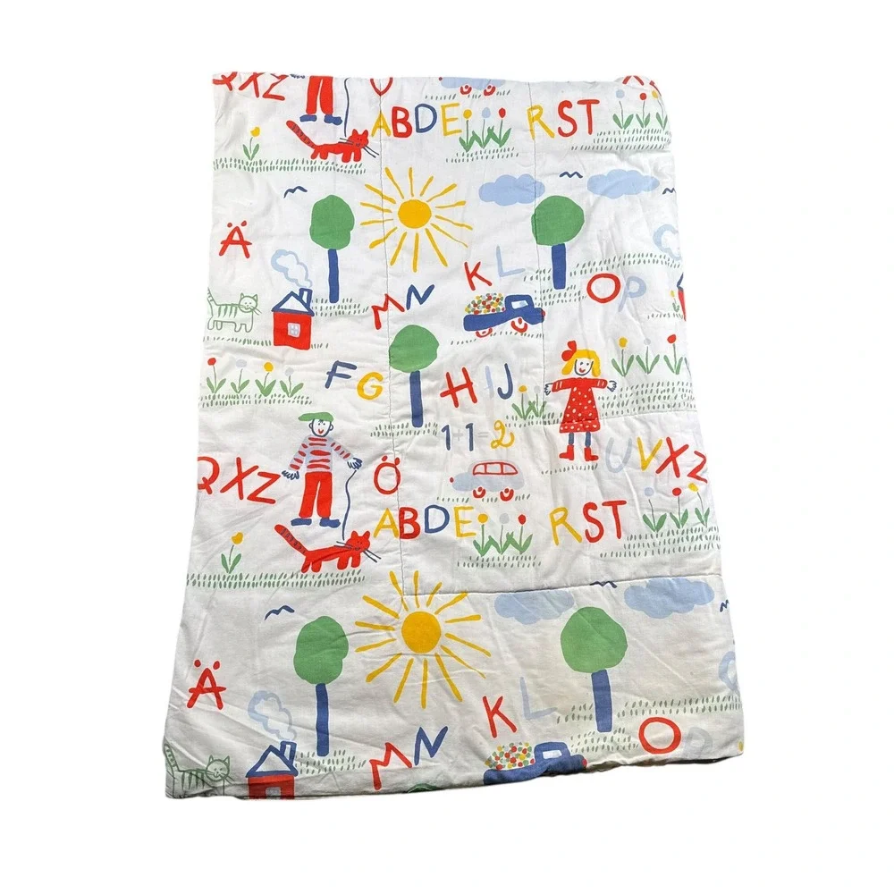 Vintage ABC Alphabet Illustration Toddler‎ Quilt Blanket White Kidcore Nursery